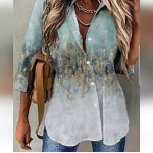 Casual Long sleeve Shirt Collar Printed Tunic Blouse Size Lg